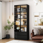 Modern LED Display Cabinet with 2 Storage Drawers, 4-Tier Aluminum Frame Tempered Glass Showcase, Push-to-Open Design, for Collectibles, Black 31.5" W x 14.2" D x 78.7" H
