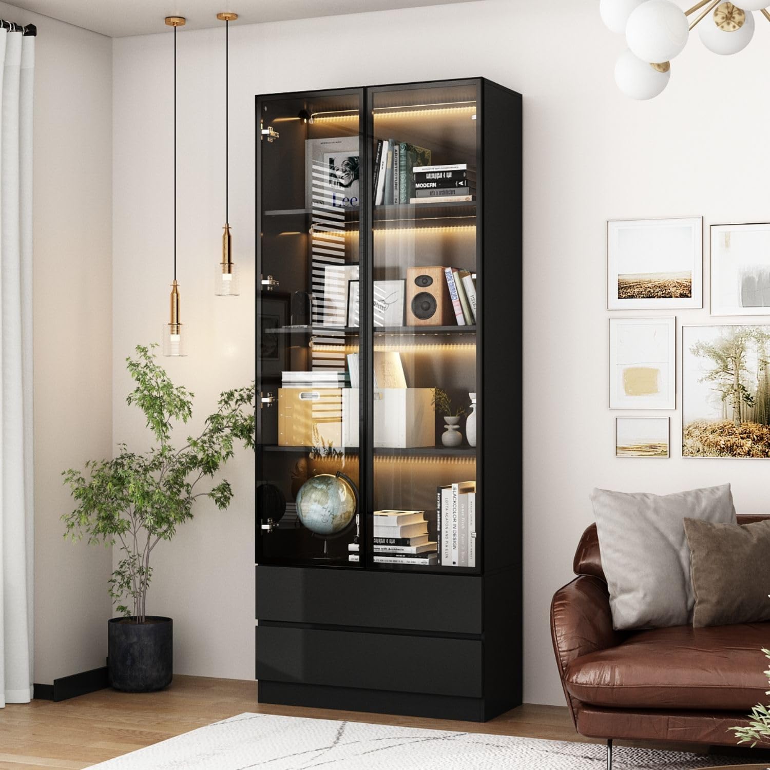 Modern LED Display Cabinet with 2 Storage Drawers, 4-Tier Aluminum Frame Tempered Glass Showcase, Push-to-Open Design, for Collectibles, Black 31.5" W x 14.2" D x 78.7" H
