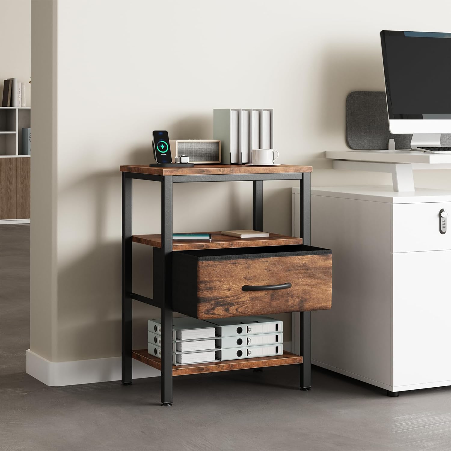 DUMOS Bedside Table with Charging Station and an Adjustable Fabric Drawer, and it is a Compact Nightstand, as Well as a 3-Tier Storage Organizer and an End Table for Bedroom, Brown