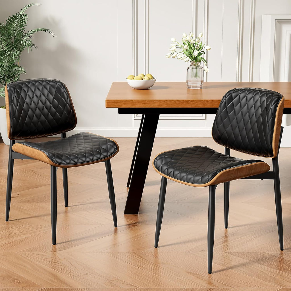 REONEY Dining Chairs Set of 4, Mid-Century Modern Upholstered PU Leather Chairs with Walnut Back and Metal Legs Adjustable Feet for Kitchen Dining Room, Black Diamond Plaid