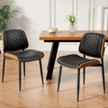 REONEY Dining Chairs Set of 2, Mid-Century Modern Upholstered PU Leather Chairs with Walnut Back and Metal Legs Adjustable Feet for Kitchen Dining Room, Black Diamond Plaid