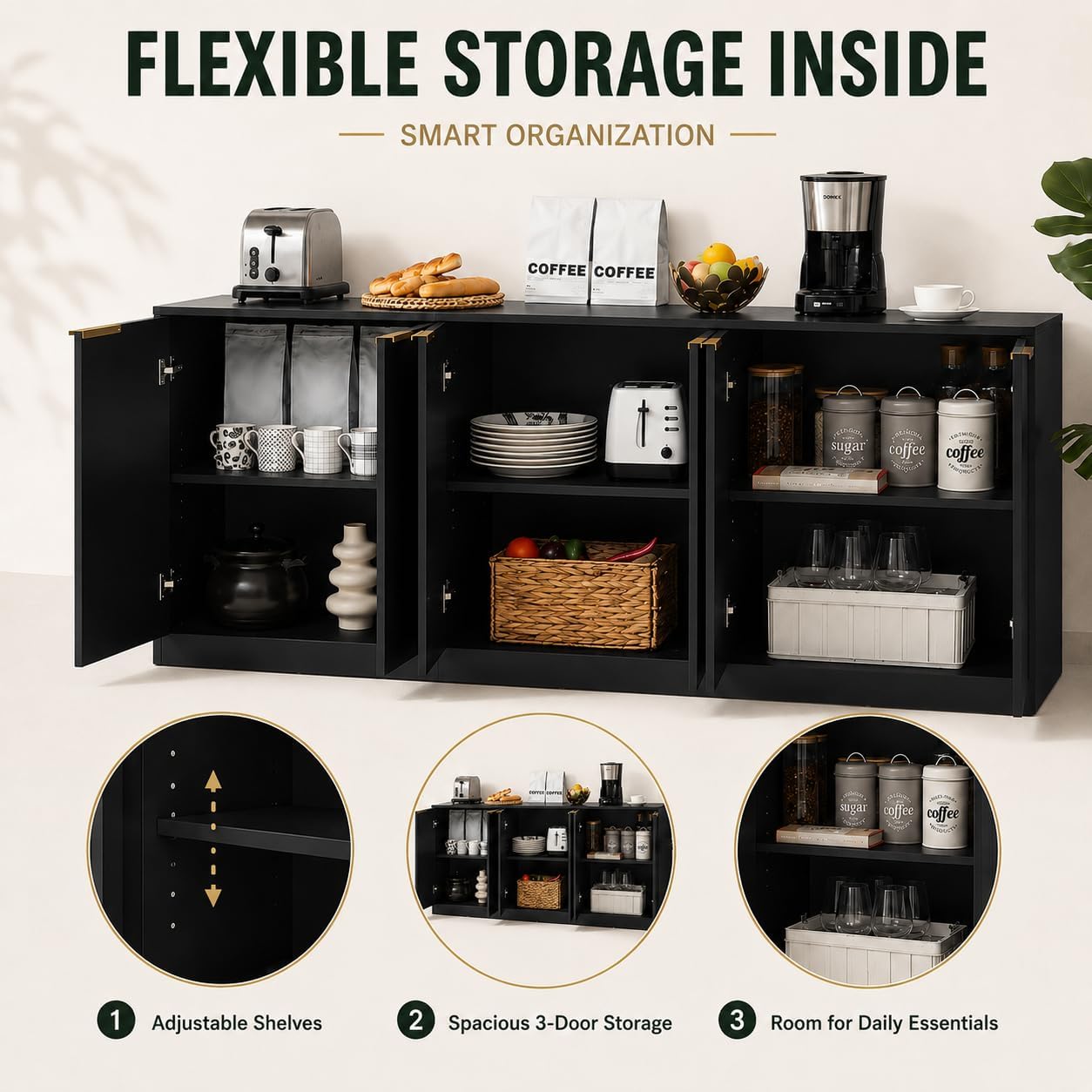 Fluted Sideboard Buffet Cabinet, 67" Credenza Storage Cabinet with 6 Doors,Media Console Table for Living Room Kitchen Entryway,Anti-Tip (Black)
