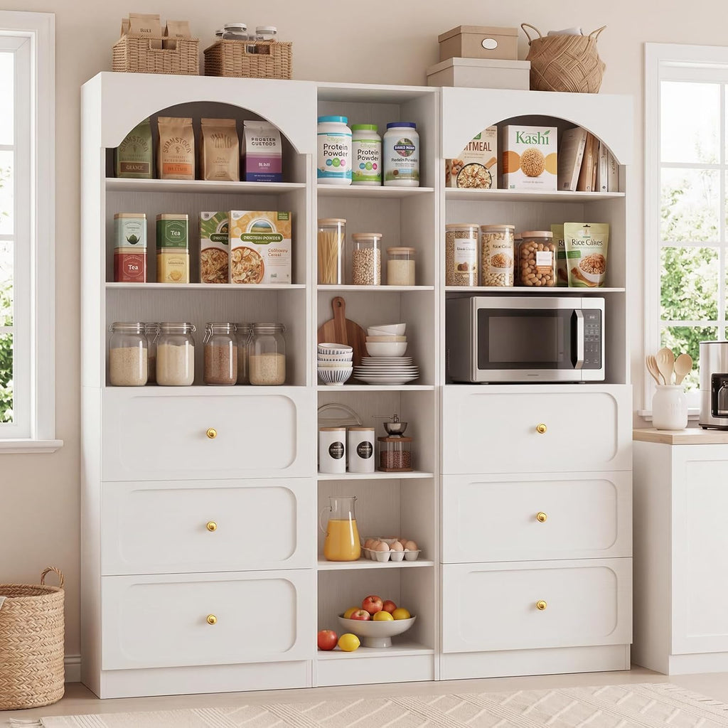 Cyclysio 80" Tall Pantry System with 6 Drawers, Arched Corner Pantries with 12-Tier Open Shelves, Wooden Cupboard Storage Organizer with Baseboard Cutout for Living Room, Kitchen