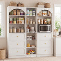 Cyclysio 80" Tall Pantry System with 6 Drawers, Arched Corner Pantries with 12-Tier Open Shelves, Wooden Cupboard Storage Organizer with Baseboard Cutout for Living Room, Kitchen