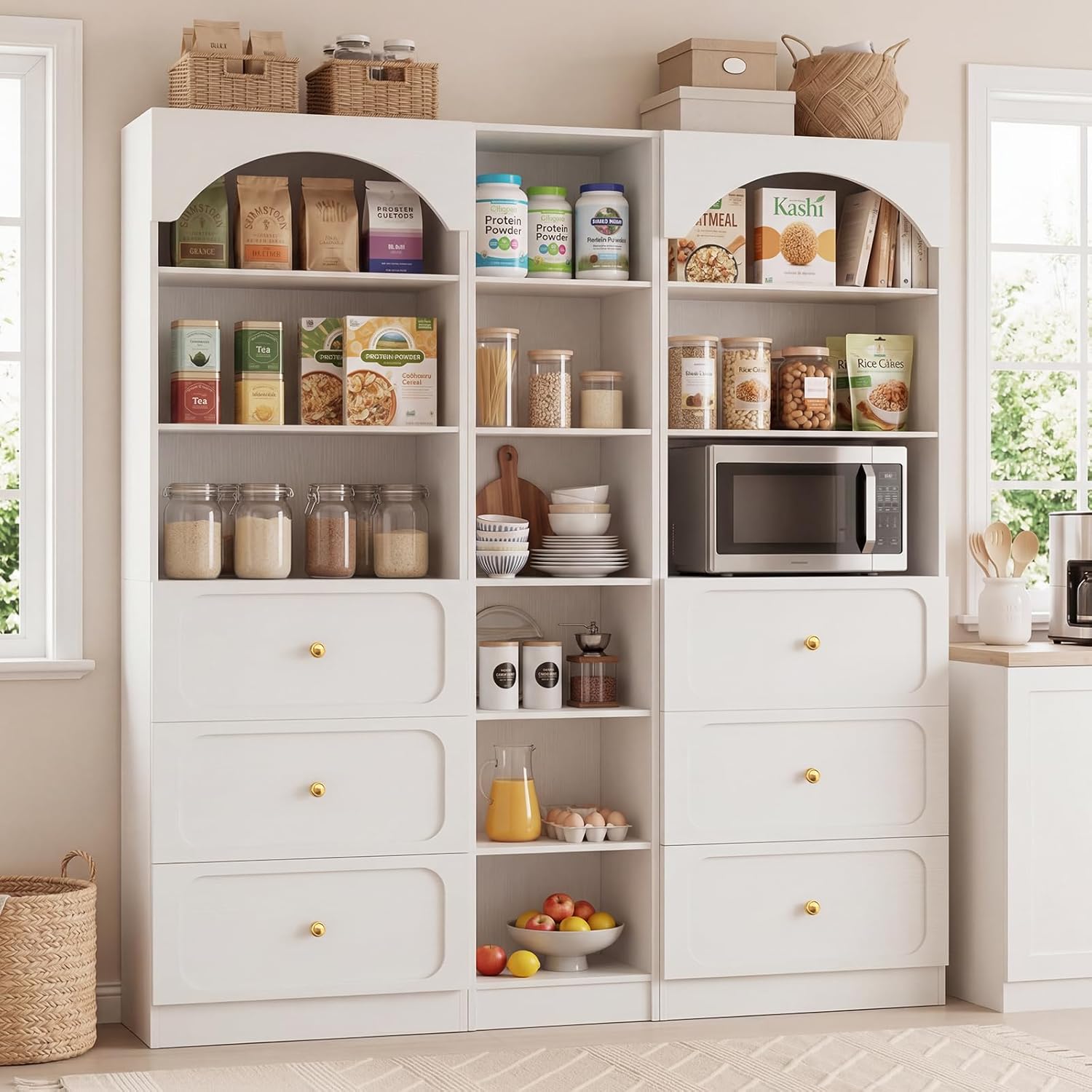 Cyclysio 80" Tall Pantry System with 6 Drawers, Arched Corner Pantries with 12-Tier Open Shelves, Wooden Cupboard Storage Organizer with Baseboard Cutout for Living Room, Kitchen