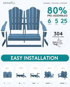 SERWALL Outdoor Folding Adirondack Bench, HDPE All-Weather Adirondack Loveseat, 660 lbs Capacity, Foldable Outdoor Patio Bench for Deck, Lawn, Garden, Navy