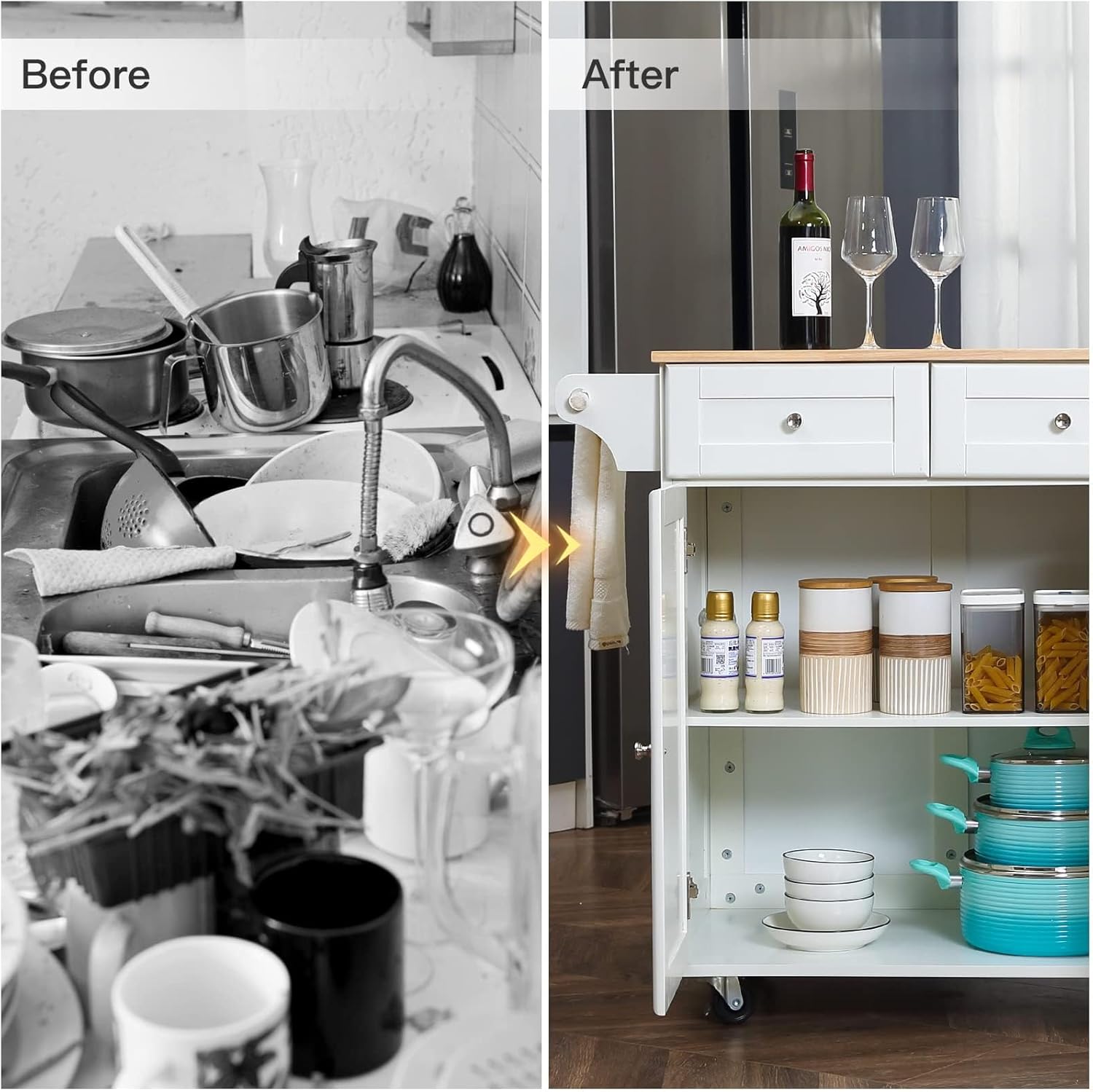 HOMREST 52" Mobil Kitchen Island Cart with Storage, Rolling Island with Drop Leaf and Rubberwood Countertop, Spice Rack, Adjustable Shelves and 5 Drawers, Island Table for Kitchen, White