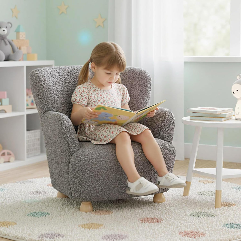Costzon Kids Sofa, Comfy Toddler Armchair with Solid Rubber Wood Legs, Upholstered Children Reading Chair for Boys & Girls Aged 3+, Kids Furniture Mini Recliner Chair for Bedroom, Playroom (Gray)