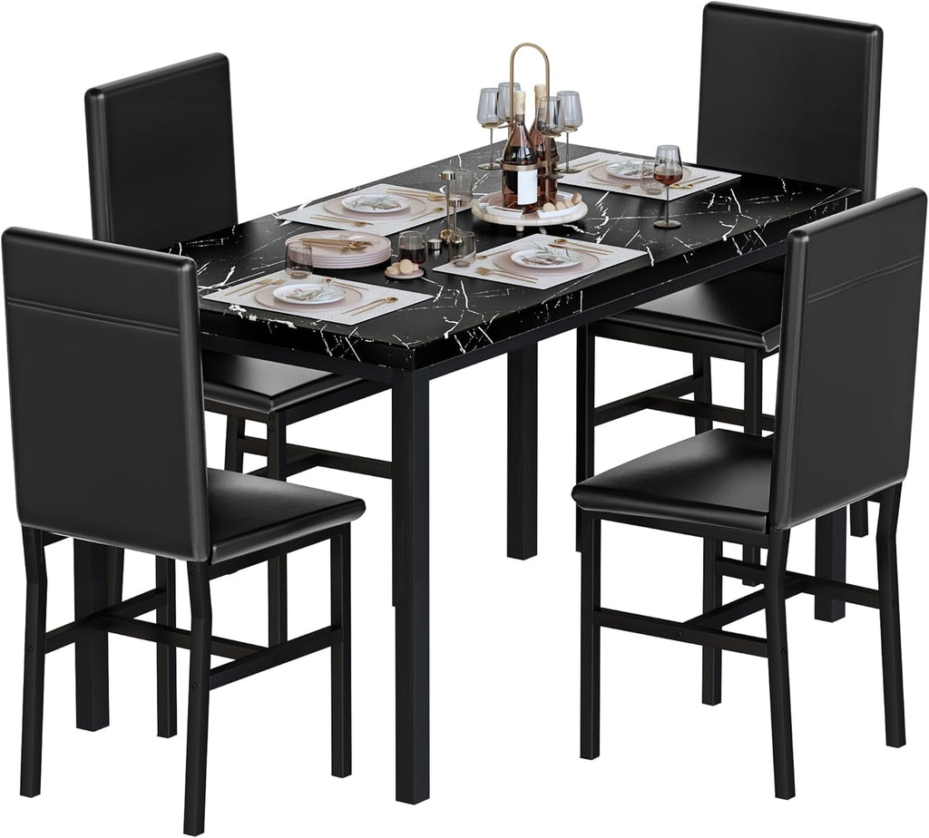 AWQM 5 Piece Dining Table Set for 4,Faux Marble Kitchen Table and Chairs for 4, Modern Dining Room Table with 4 Chairs,Dinner Table Set for Small Spaces, Black