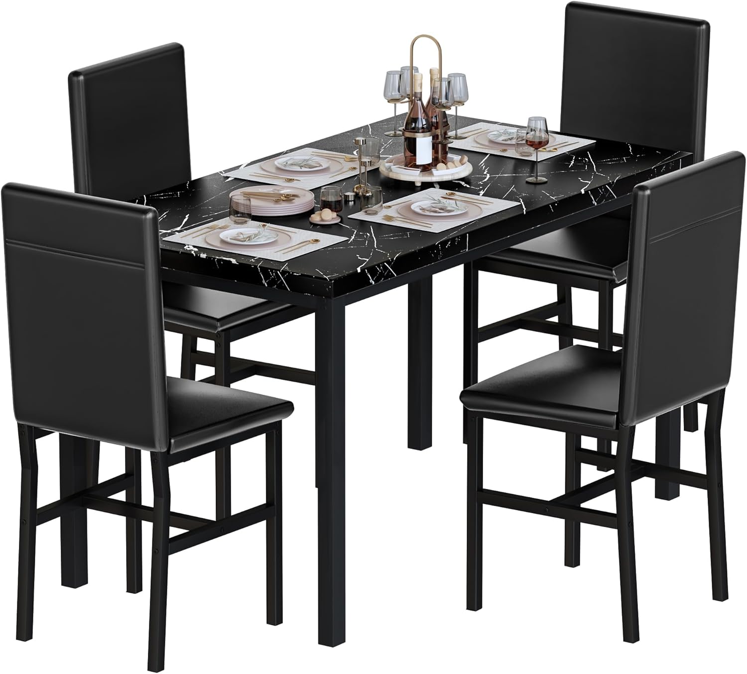 AWQM 5 Piece Dining Table Set for 4,Faux Marble Kitchen Table and Chairs for 4, Modern Dining Room Table with 4 Chairs,Dinner Table Set for Small Spaces, Black