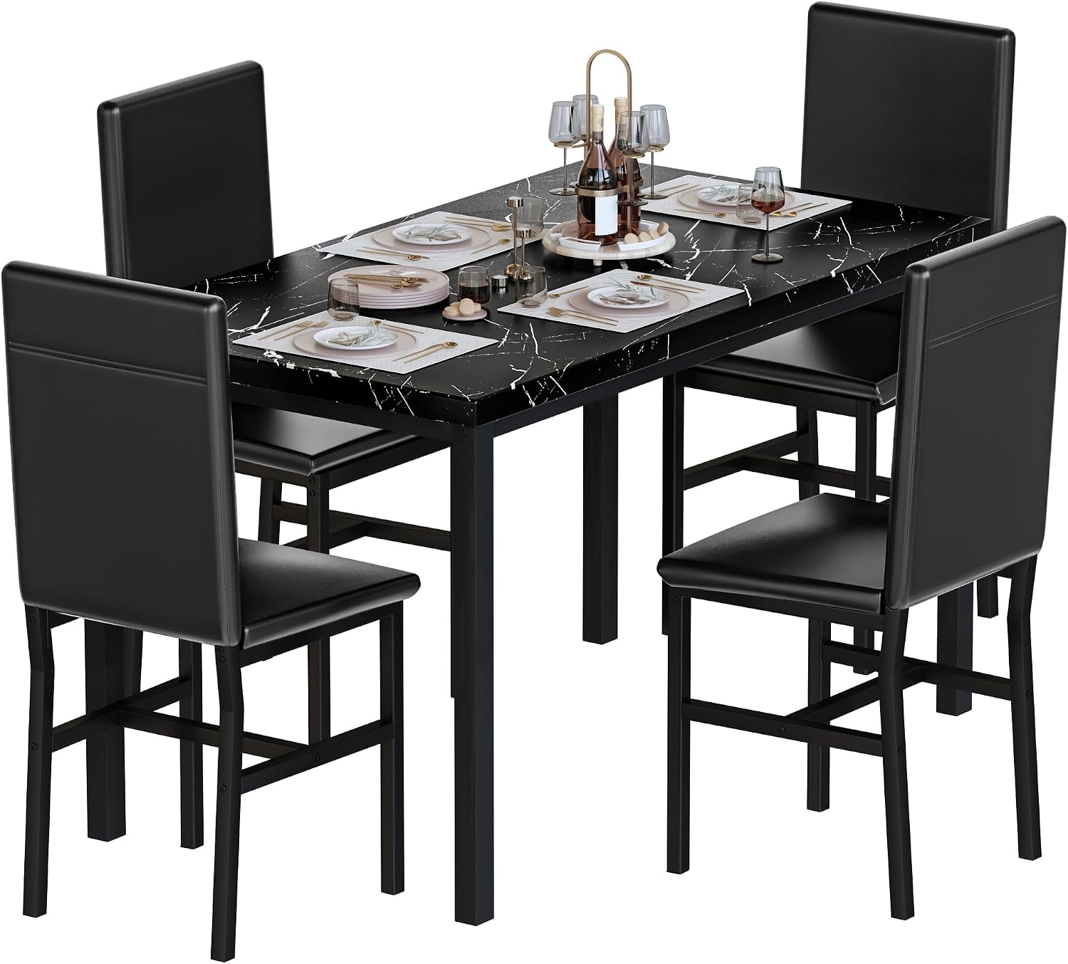 AWQM 5 Piece Dining Table Set for 4,Faux Marble Kitchen Table and Chairs for 4, Modern Dining Room Table with 4 Chairs,Dinner Table Set for Small Spaces, Black