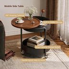 Mid-Century Modern Round Side Table, 2-Tier Mobile Sofa End Table with Rotatable Expandable Solid Wood Tabletop, Metal Frame Rolling Nightstand with Wheels for Living Room Bedroom，Black & Walnut