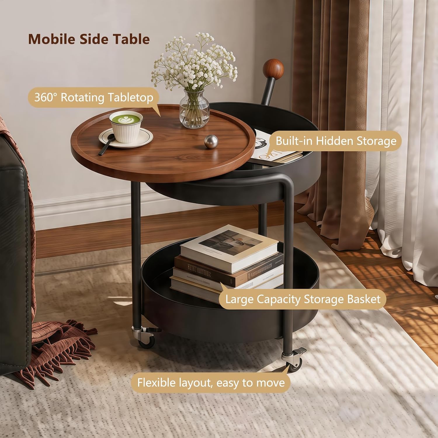Mid-Century Modern Round Side Table, 2-Tier Mobile Sofa End Table with Rotatable Expandable Solid Wood Tabletop, Metal Frame Rolling Nightstand with Wheels for Living Room Bedroom，Black & Walnut