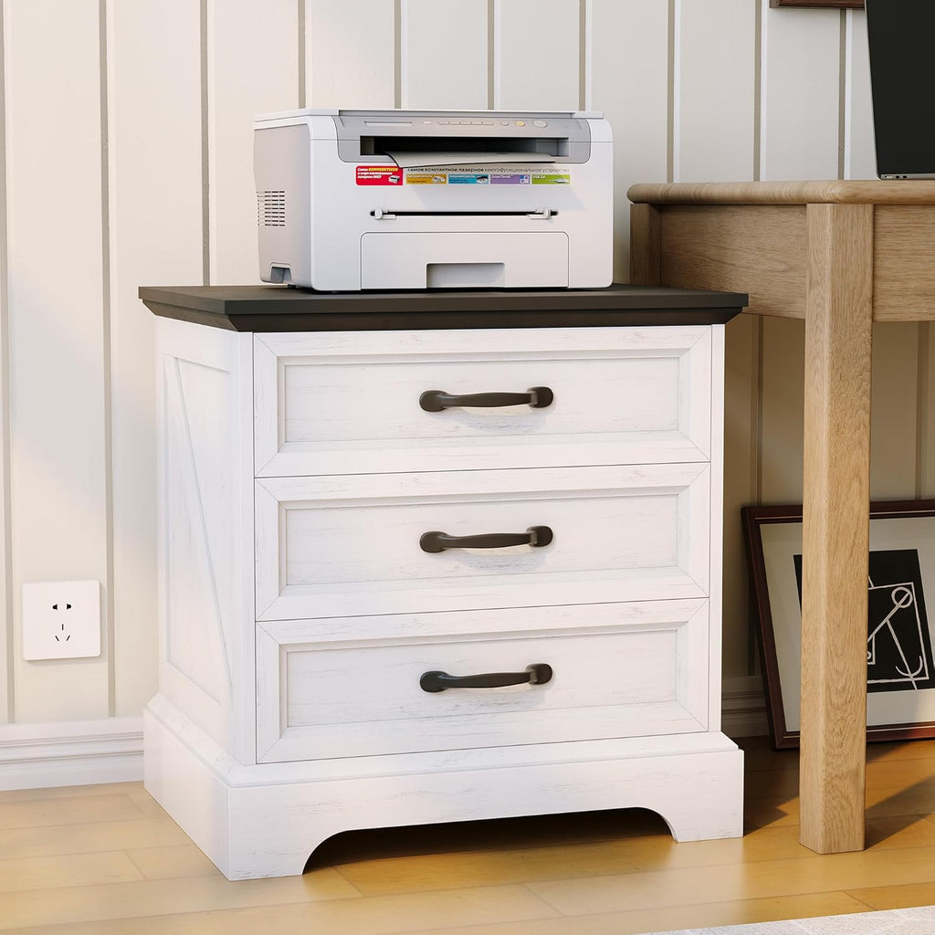 Garvee Modern Farmhouse Nightstand with Charging Station & 3 Large Drawers, Rustic 24.8 Inch Wide End Side Table Retro Wood Big Nightstand Beside Table for Living Room Bedroom, White