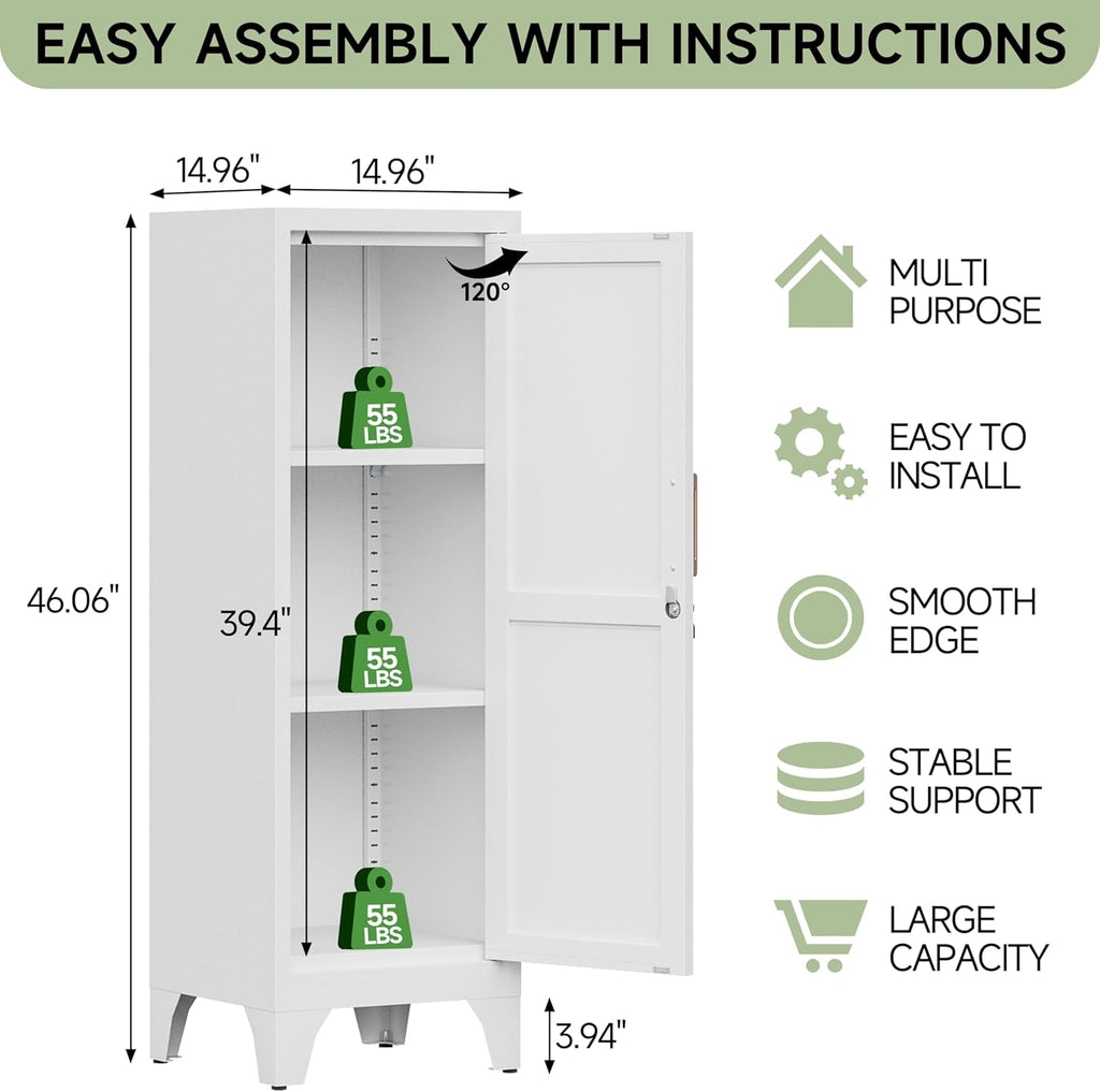 46" Tall Metal Pantry Cabinet, Kitchen Pantry Storage Cabinets with 1 Door and 2 Adjustable Shelves, Small Bathroom Cabinet,Cupboard for Kitchen, Dining Room- Assembly Required/White