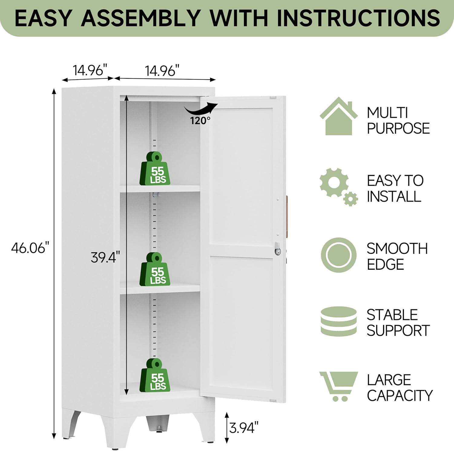 46" Tall Metal Pantry Cabinet, Kitchen Pantry Storage Cabinets with 1 Door and 2 Adjustable Shelves, Small Bathroom Cabinet,Cupboard for Kitchen, Dining Room- Assembly Required/White