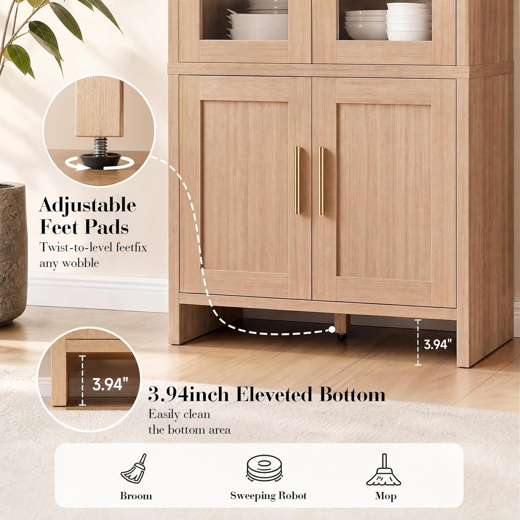77" Tall Kitchen Pantry Cabinets, Wooden Curved Storage Cabinets with Adjustable Shelf, 1.18'' Panel Freestanding Cupboard for Dining Room, Living Room, Bathroom, Oak, 1Pcs
