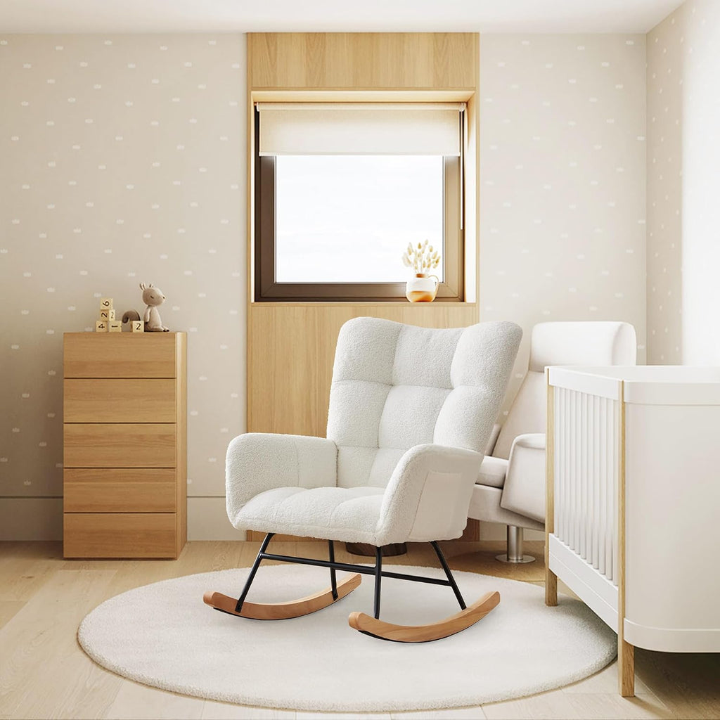 IDEALHOUSE Modern Nursery Rocking Chair, 300lbs Support Teddy Upholstered Glider Rocker with Side Pockets, High Backrest, Armrests, Metal Legs & Wood Base for Living Room, Bedroom Office