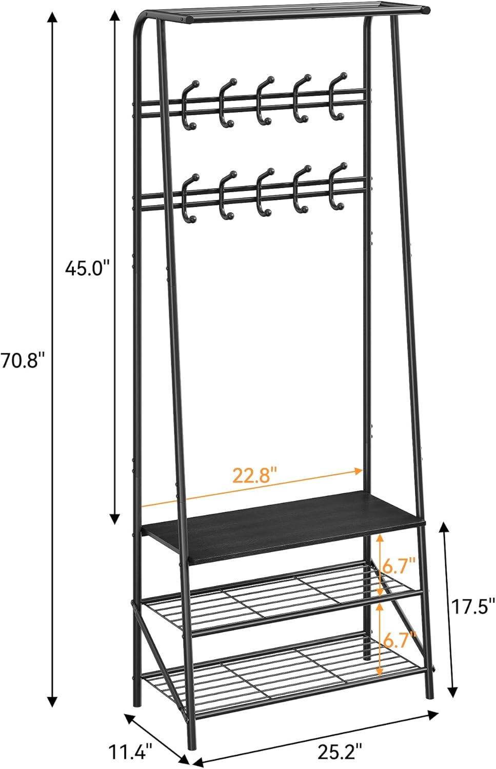 24" Black Hall Tree with Bench and Shoe Storage, Double Row Hooks Coat Rack Freestanding Organizer, Heavy Duty Coat Rack with Shoe Storage, Coat and Shoe Rack Entryway Mudroom Hallway