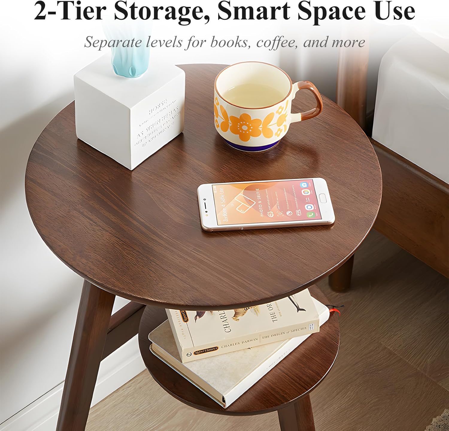 Side Table, 2-Tier Round End Tables Living Room, Mid Century Modern Side Table, Round Nightstand, Oak Accent Table, Small Round Coffee Table, 16.54" Dia.x 23.62" H(Walnut)