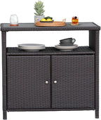 Grand patio Wicker Storage Cabinet Outdoor Waterproof Buffet Cabinet Patio Bar Table with Two Doors and Shelves Wicker Sideboard for Garden Kitchen Pool Dark Brown