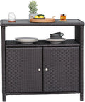 Grand patio Wicker Storage Cabinet Outdoor Waterproof Buffet Cabinet Patio Bar Table with Two Doors and Shelves Wicker Sideboard for Garden Kitchen Pool Dark Brown