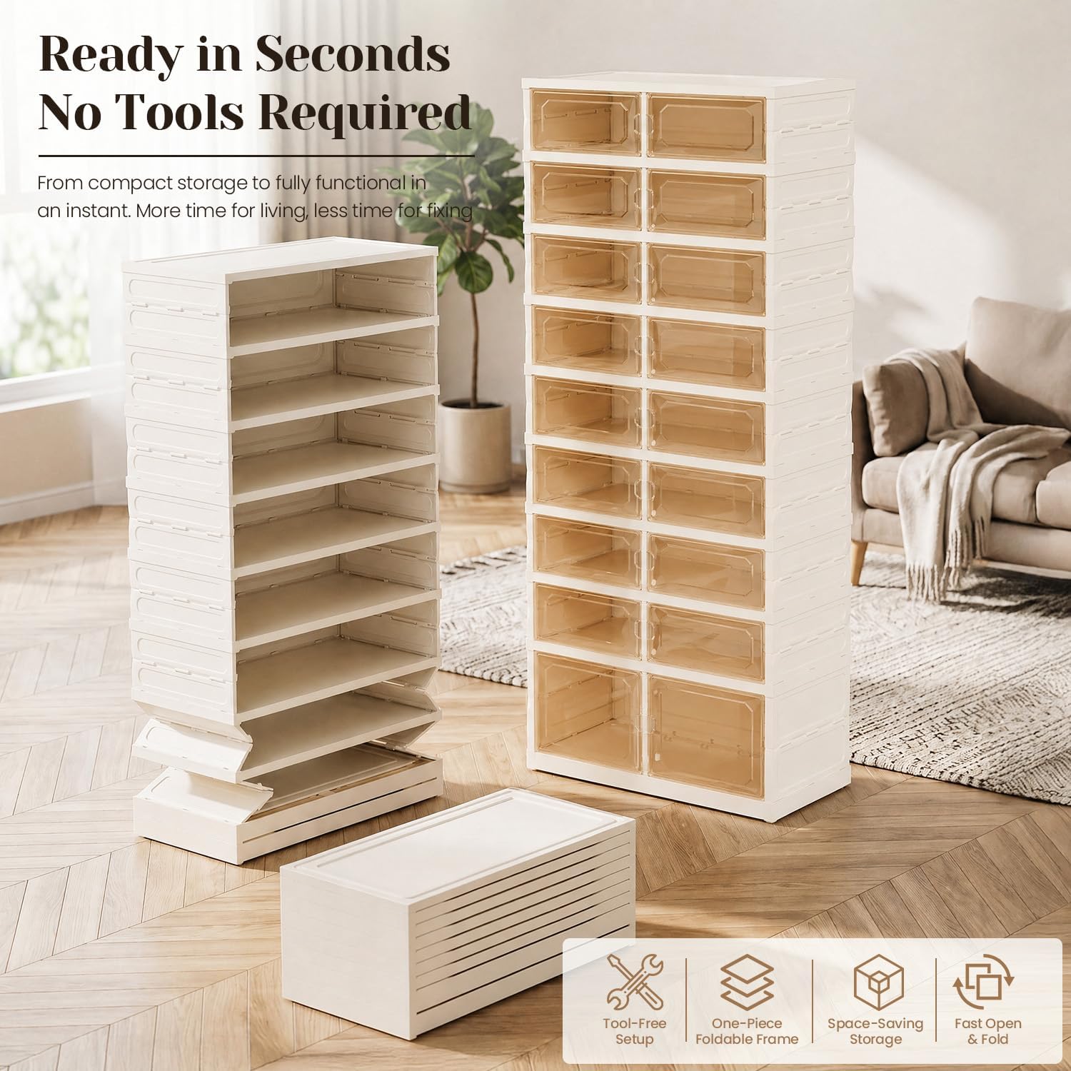 Foldable Shoe Rack with Doors, Stackable Plastic Shoe Organizer, Large Clear Shoe Storage Boxes for Closet and Entryway, Portable Collapsible Shoe Cabinet 9 Tiers, 27Pairs