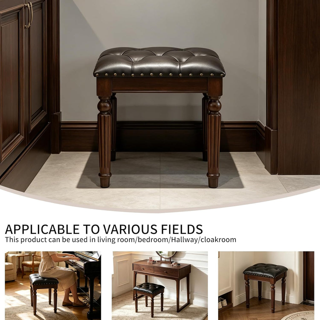Black Faux Leather Vanity Stool | Small Tufted Bench, Nailhead Trim, Leatherette Seat, Carved Walnut-Finish Solid Wood Legs, Backless Makeup Stool