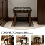 Black Faux Leather Vanity Stool | Small Tufted Bench, Nailhead Trim, Leatherette Seat, Carved Walnut-Finish Solid Wood Legs, Backless Makeup Stool