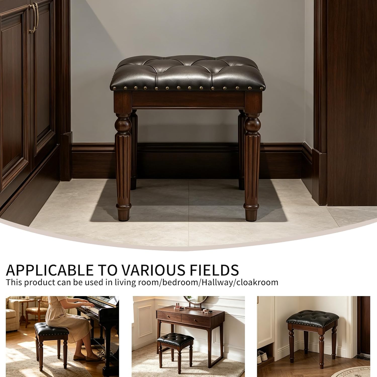 Black Faux Leather Vanity Stool | Small Tufted Bench, Nailhead Trim, Leatherette Seat, Carved Walnut-Finish Solid Wood Legs, Backless Makeup Stool