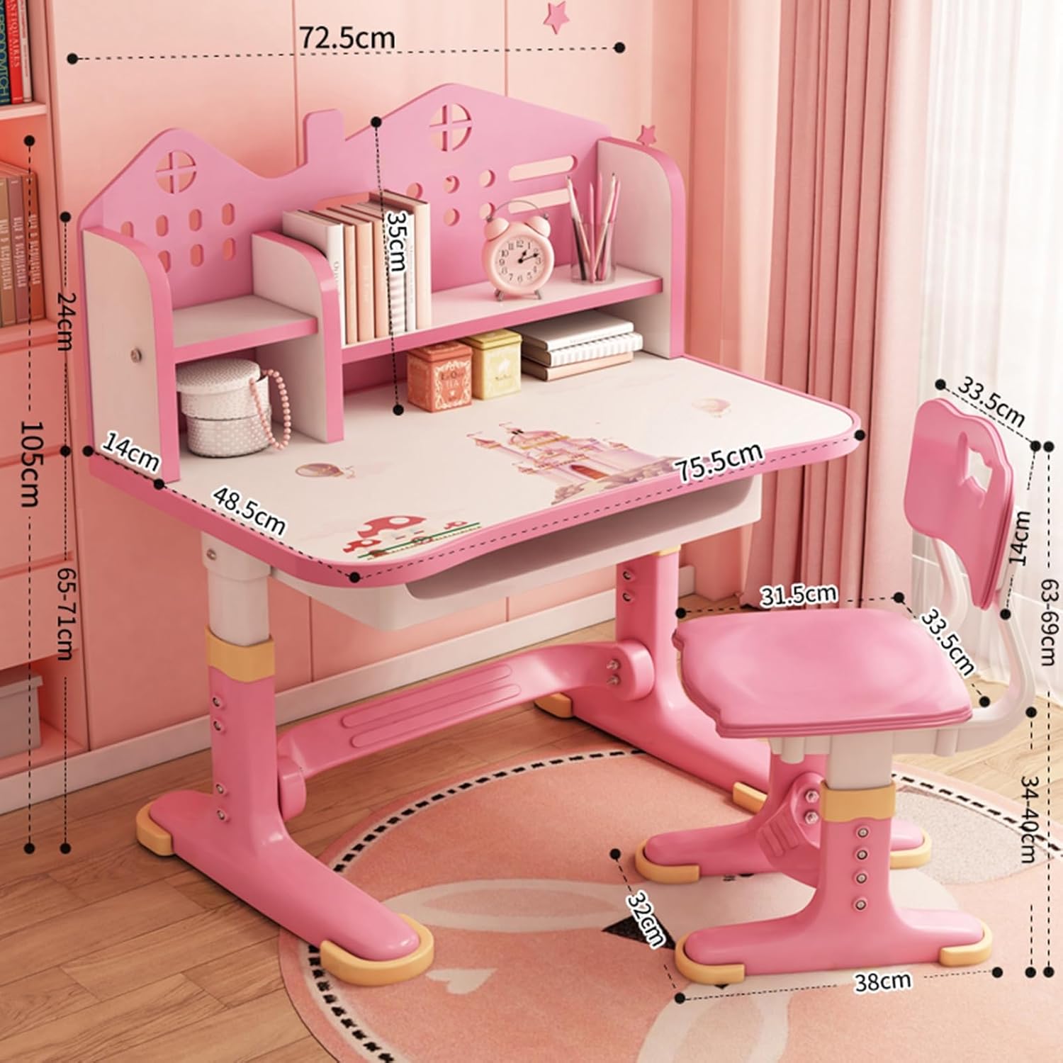 Kids Functional Desk and Chair Set, Study Desk with Chair, Height Adjustable Children School Desk with Storage Drawer for Boys Girls Pink