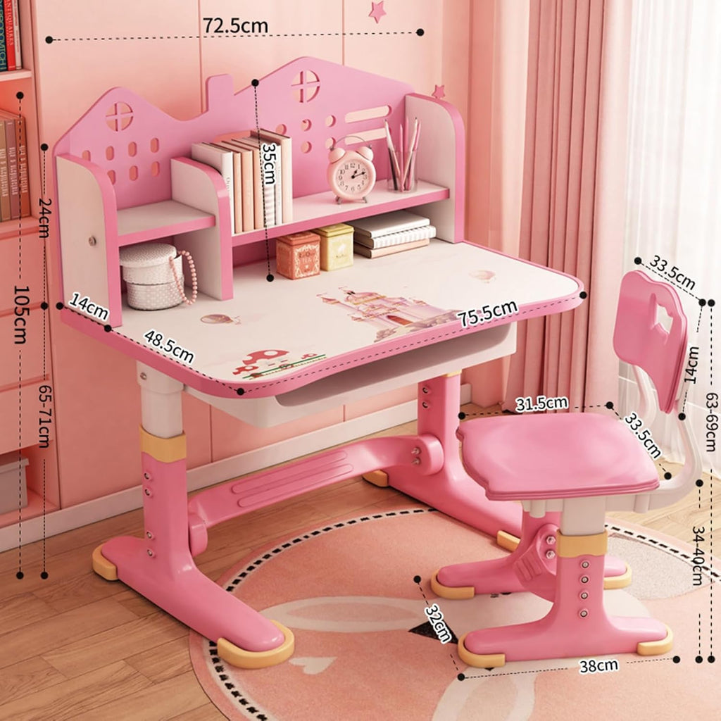 Kids Functional Desk and Chair Set, Study Desk with Chair, Height Adjustable Children School Desk with Storage Drawer for Boys Girls Pink