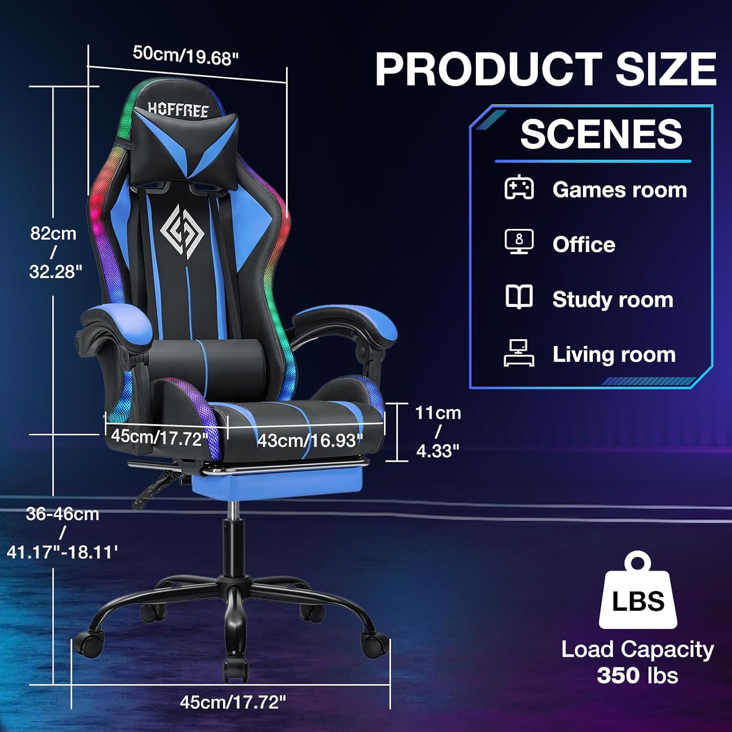 Gaming Chair with Bluetooth Speakers and RGB LED Lights Ergonomic Massage Video Game Chair with Footrest High Back with Lumbar Support Blue and Black