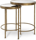 Set of 2 Antique Brushed Gold Iron Nesting Tables with Mirrored Glass Tops Modern Round Accent End Tables Luxury Living Room & Bedroom Side Tables, Space-Saving Nested Design