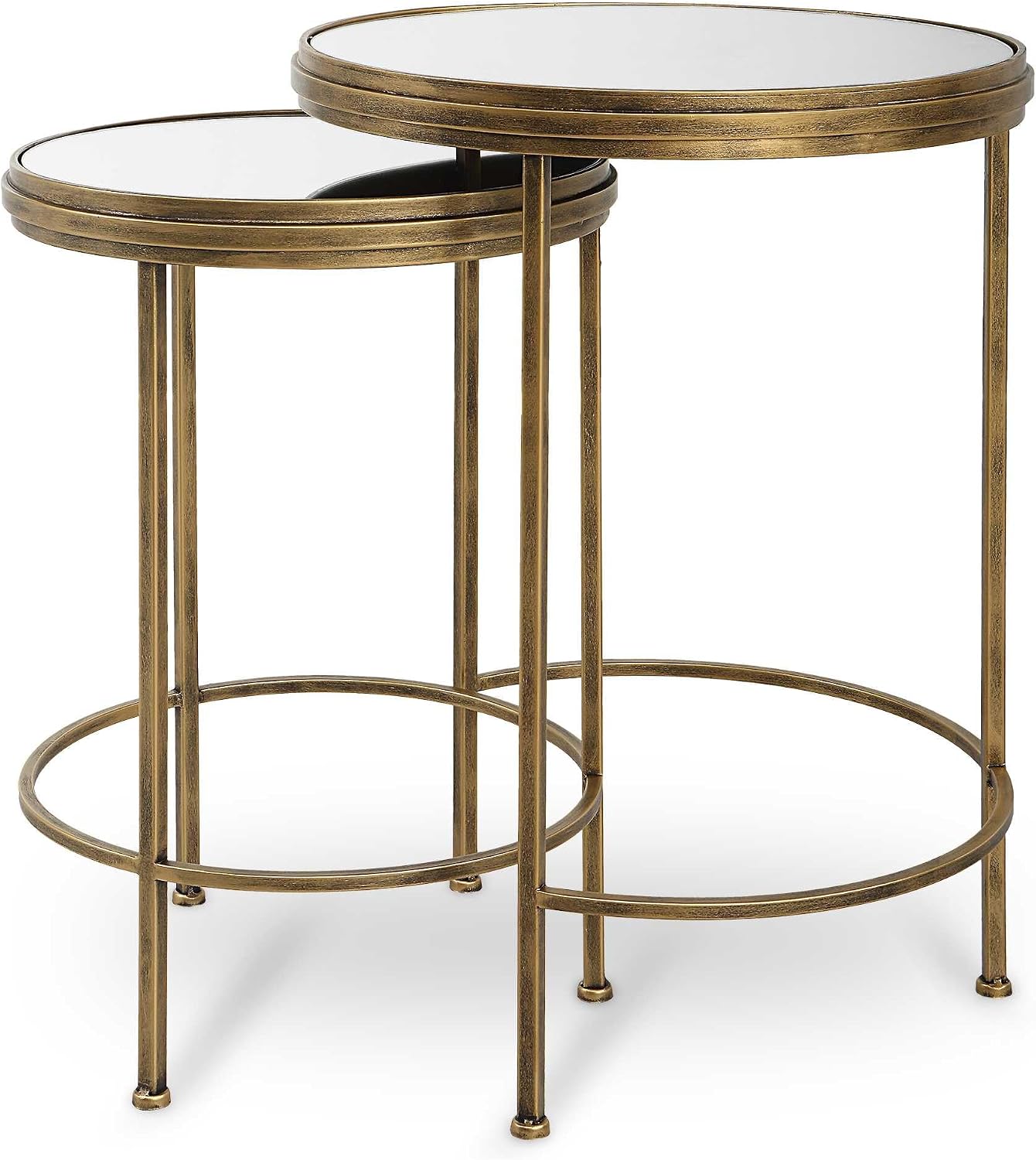 Set of 2 Antique Brushed Gold Iron Nesting Tables with Mirrored Glass Tops Modern Round Accent End Tables Luxury Living Room & Bedroom Side Tables, Space-Saving Nested Design
