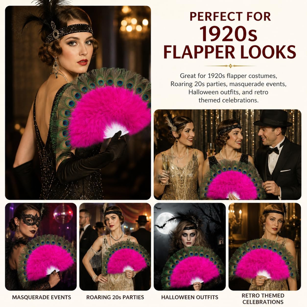 Peacock Feather Fan, Fluffy Feather Folding Hand Fan for 1920s Flapper Costume, Roaring 20s Party, Wedding Decor, Tea Party, Stage Dance (Yellow)
