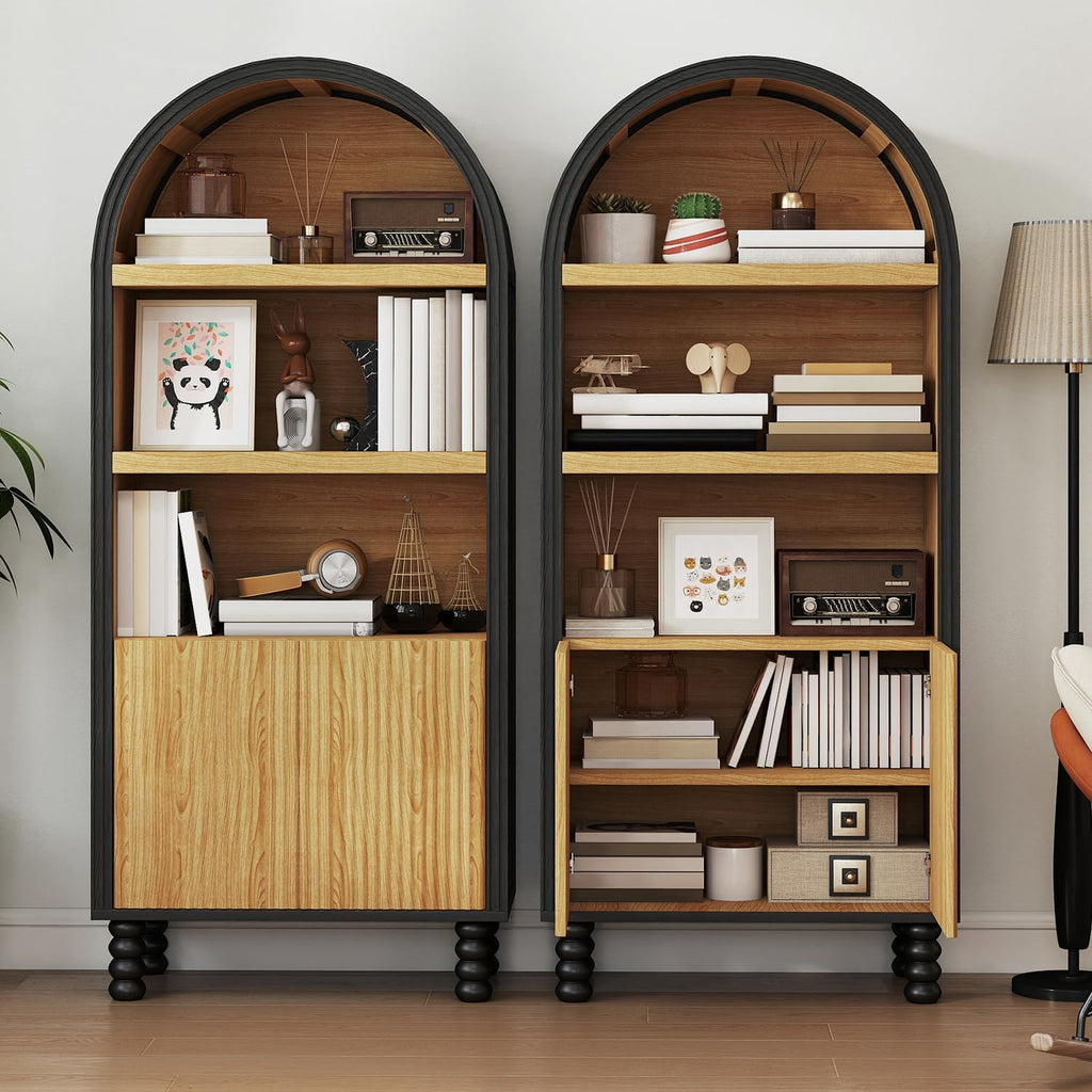 EROMMY 66.7" Arched Cabinet, Kitchen Pantry with Fluted Panel Door, Tall Storage Cabinet Arch Bookcase with Open Display Shelf, Versatile Cupboard for Kitchen, Dining Room, Living Room, Black