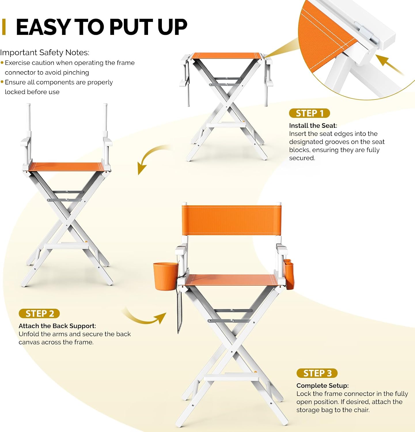 OmySalon Director's Chair 31" Height Folding Portable w/Storage Pouch & Footrest, Makeup Artist Chair for Salon, Events, Mobile, 250lb Capacity, White Wood Frame & Orange Canvas Seat