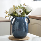 Blue Ceramic Vase with 2 Handles, Modern Farmhouse Vases for Home Decor, Rustic Pottery Vase, Decorative Terracotta Vases for Pampas Grass, Clay Jug for Living Room Dining Table Shelves