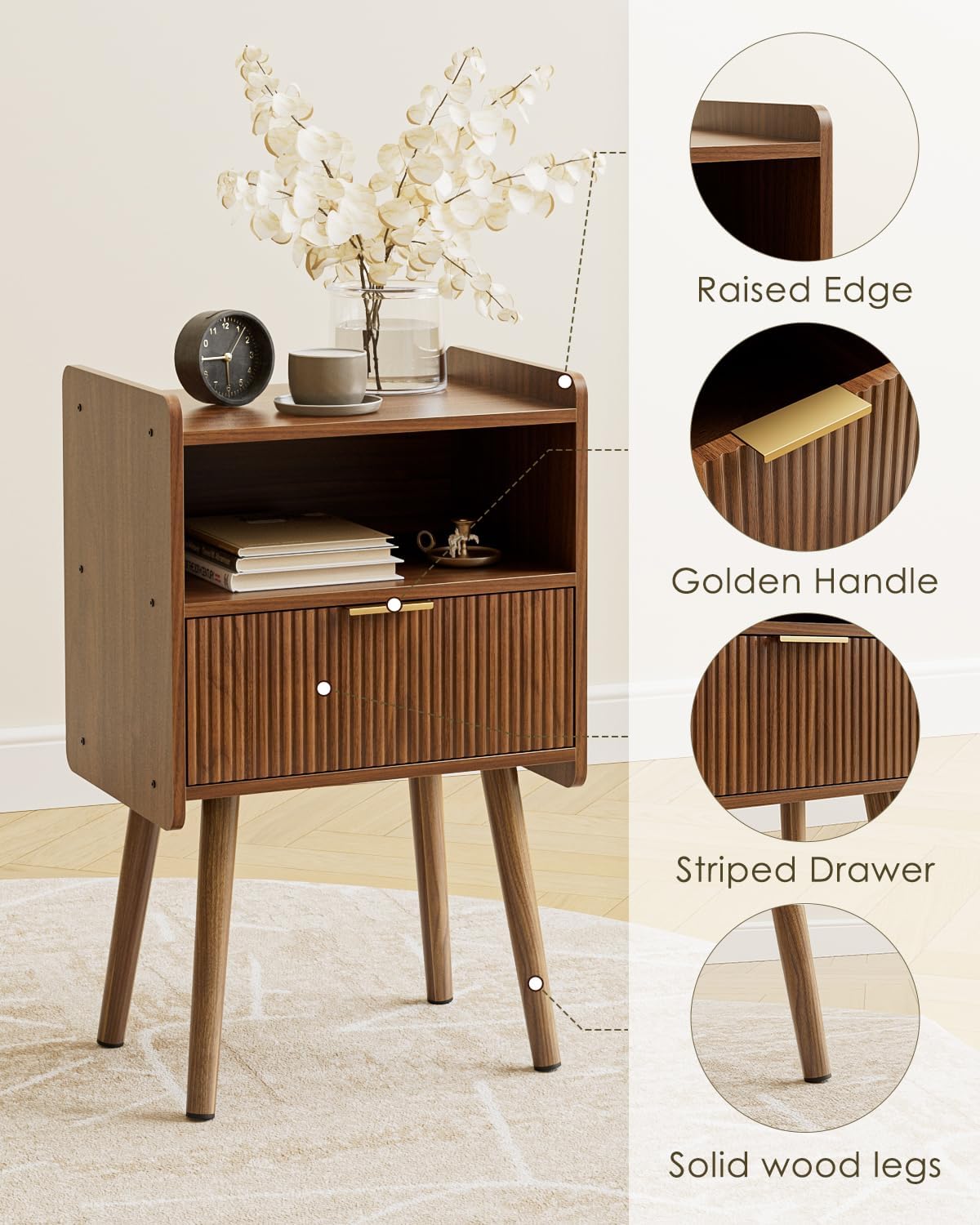 Night Stand, Modern Side Table, Small Nightstand, Wood Bedside Table with Storage Drawer End Table for Bedroom, Living Room, Office, Walnut