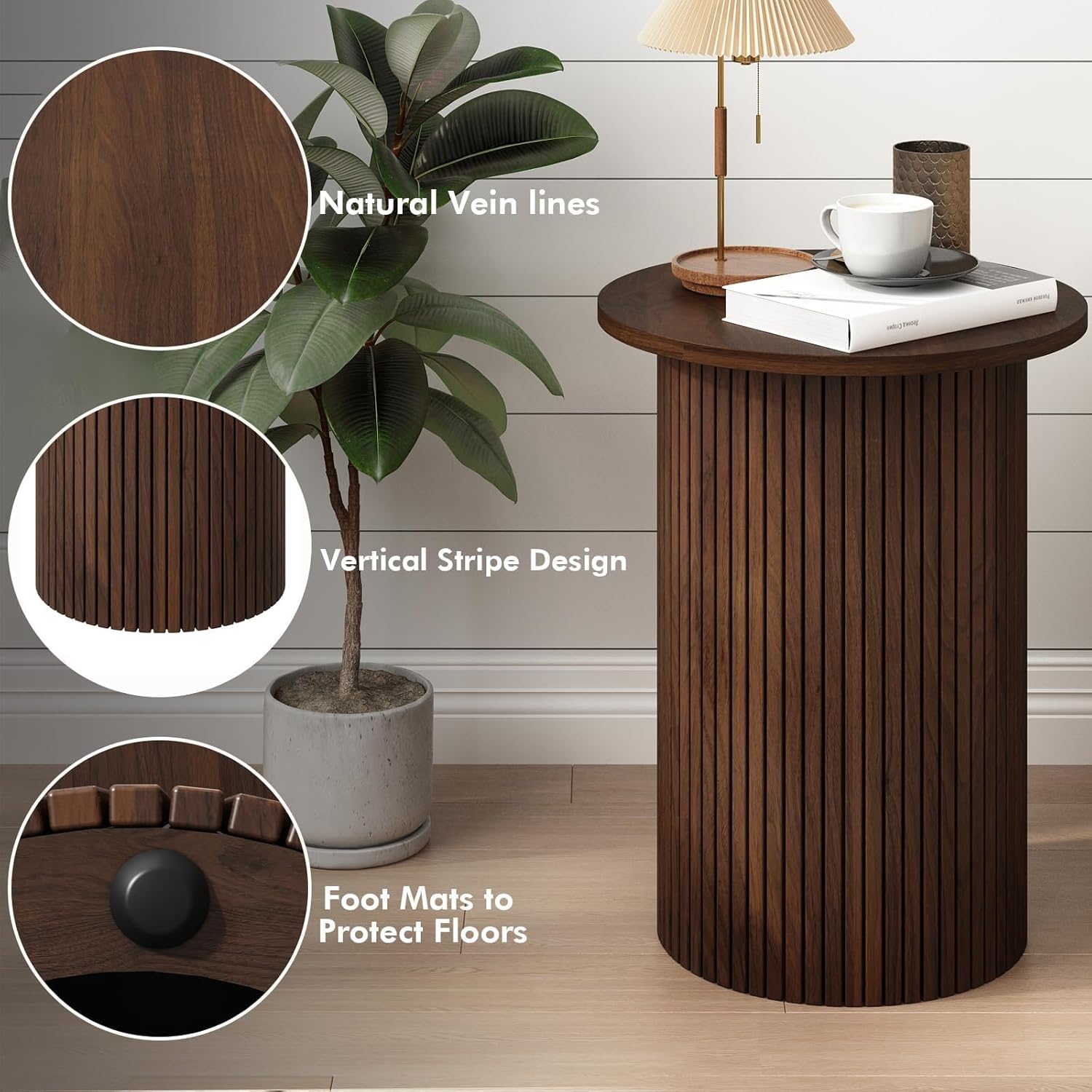 Wnutrees Round Fluted End Table, Small Accent Pedestal Side Table, Wood Fluted Nightstand Bedside Table for Living Room, Bedroom, Handcrafted Finish, Brown