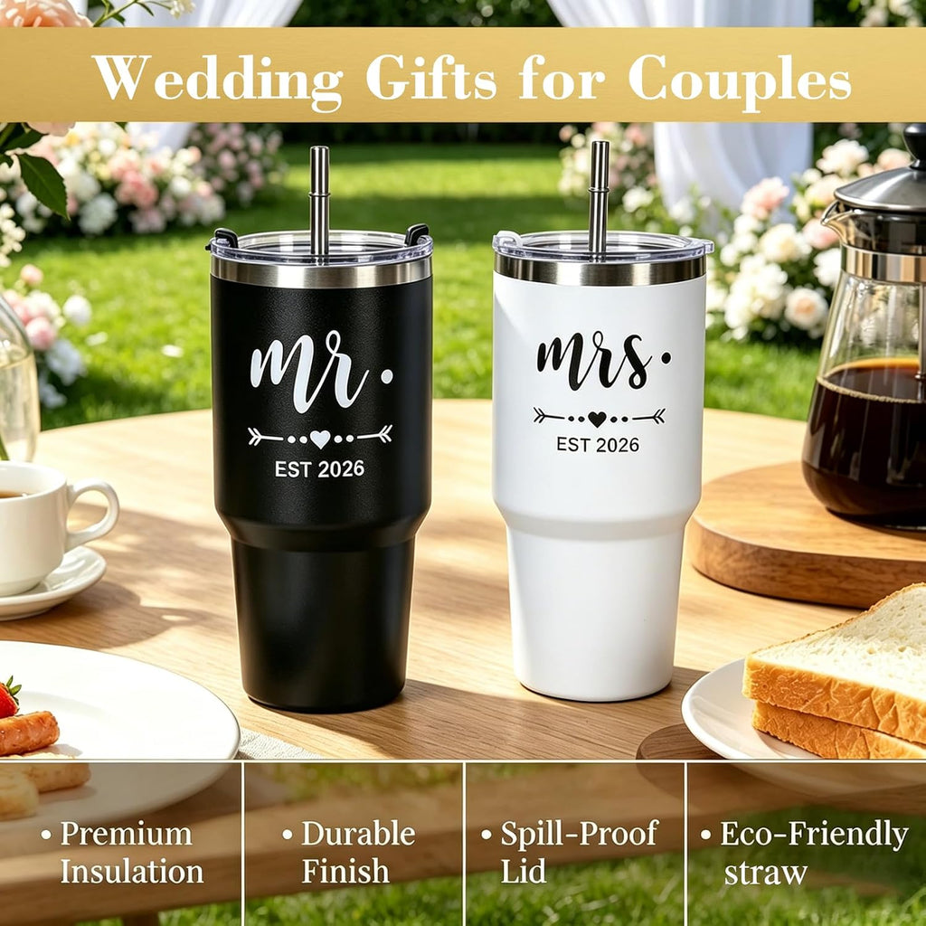 DHQH Mr and Mrs Gifts 2026 Tumbler Set, Engagement Wedding Gifts for Couples Wife Husband Bride To Be 30oz Travel Tumbler (Black & White)