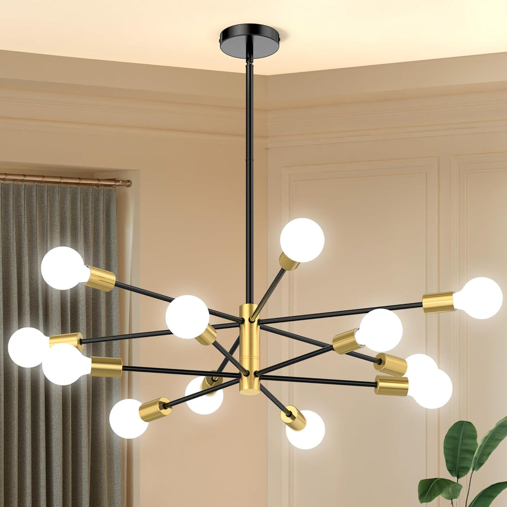 Sputnik Chandelier 12-Light, Mid Century Modern Height Adjustable Ceiling Light Fixture for Dining Room, Kitchen Island, Living Room,Bedroom-Black and Gold