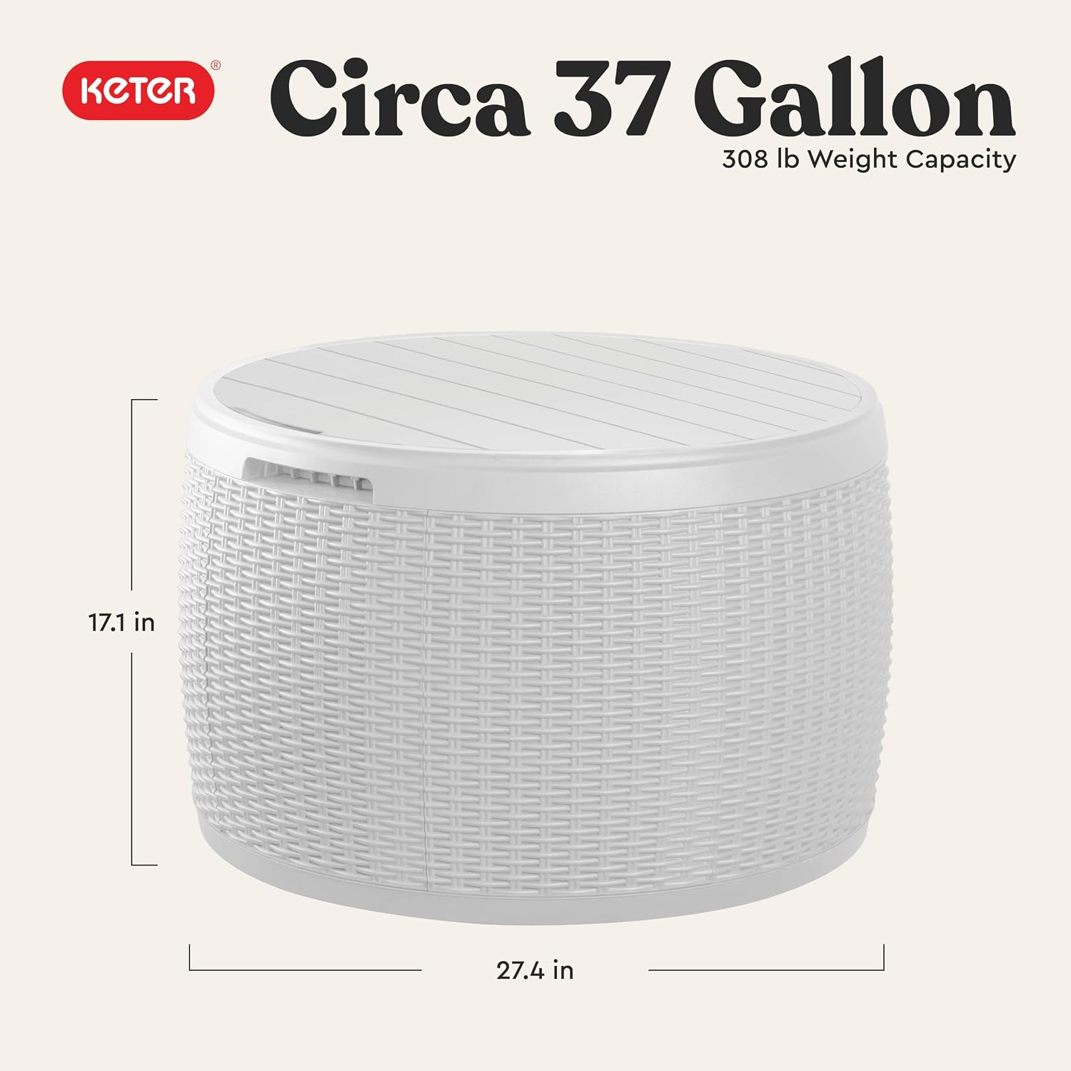 Keter Circa 37 Gallon Resin Deck Box Stool, All-Weather Outdoor Storage Seat with Rattan-Look Finish, Durable Patio Storage Bench for Cushions, Garden Tools, Pool Accessories