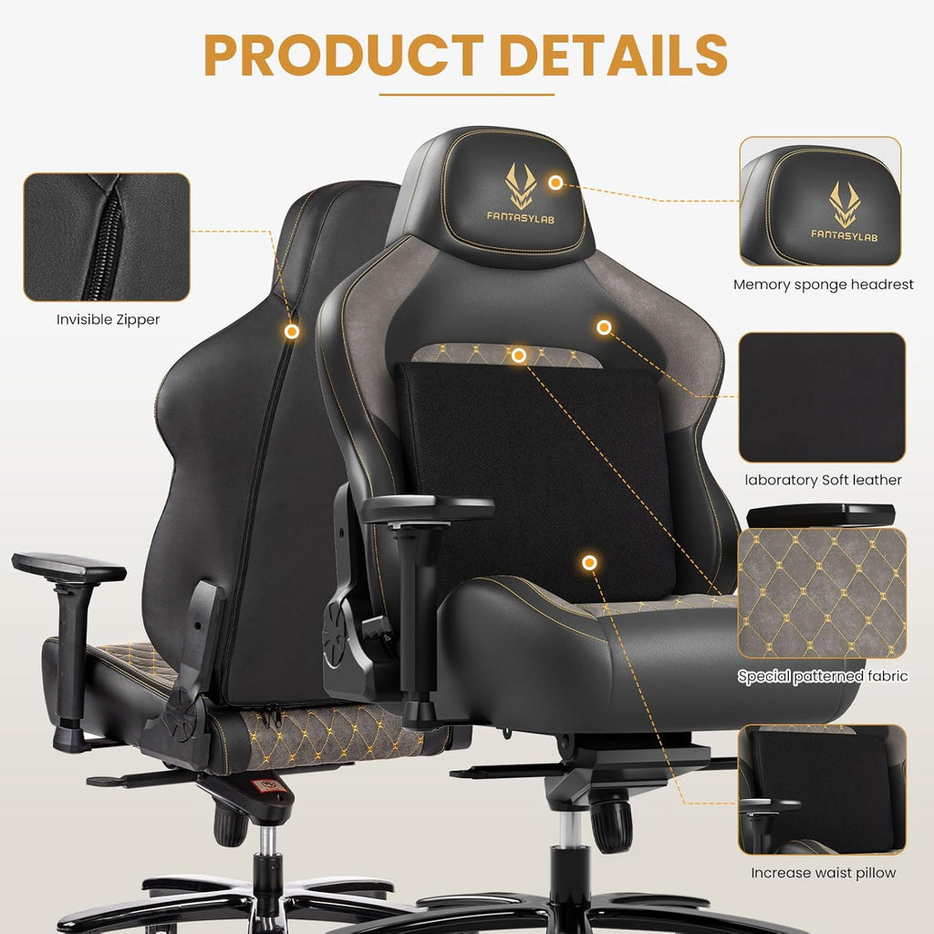 Fantasylab Big and Tall Gaming Chair 440LBS Heavy Duty High-Back Computer Chair with Memory Foam Lumbar Support, 4D Adjustable Armrests, Metal Base, Swivel & Recline for PC Gaming and Office
