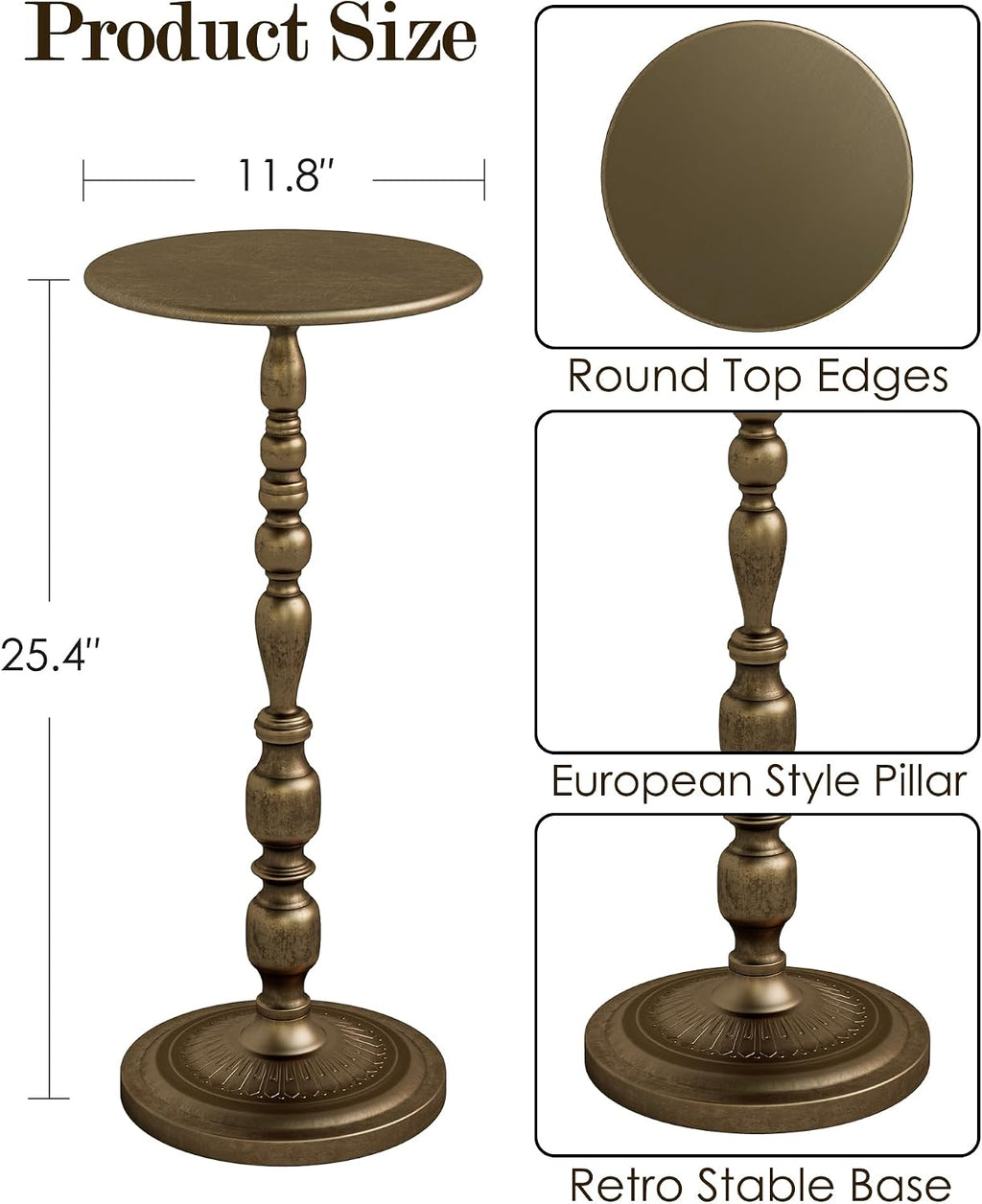 Bronze Side Table, Art Deco Vintage Metal End Table 25" Height, Accent Cocktail Table for Living Room, Small Spaces, Polished Brass Finish, Corrosion-Resistant Cast Aluminum