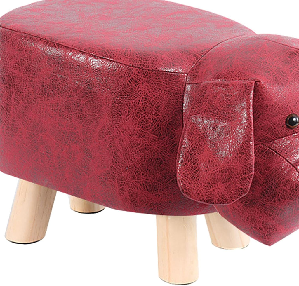 Cartoon Footstool Animal Shaped Padded Ottoman Upholstered Stool with Wooden Frame and Soft Sponge Cushion Suitable for Children Bedroom Playroom, Red