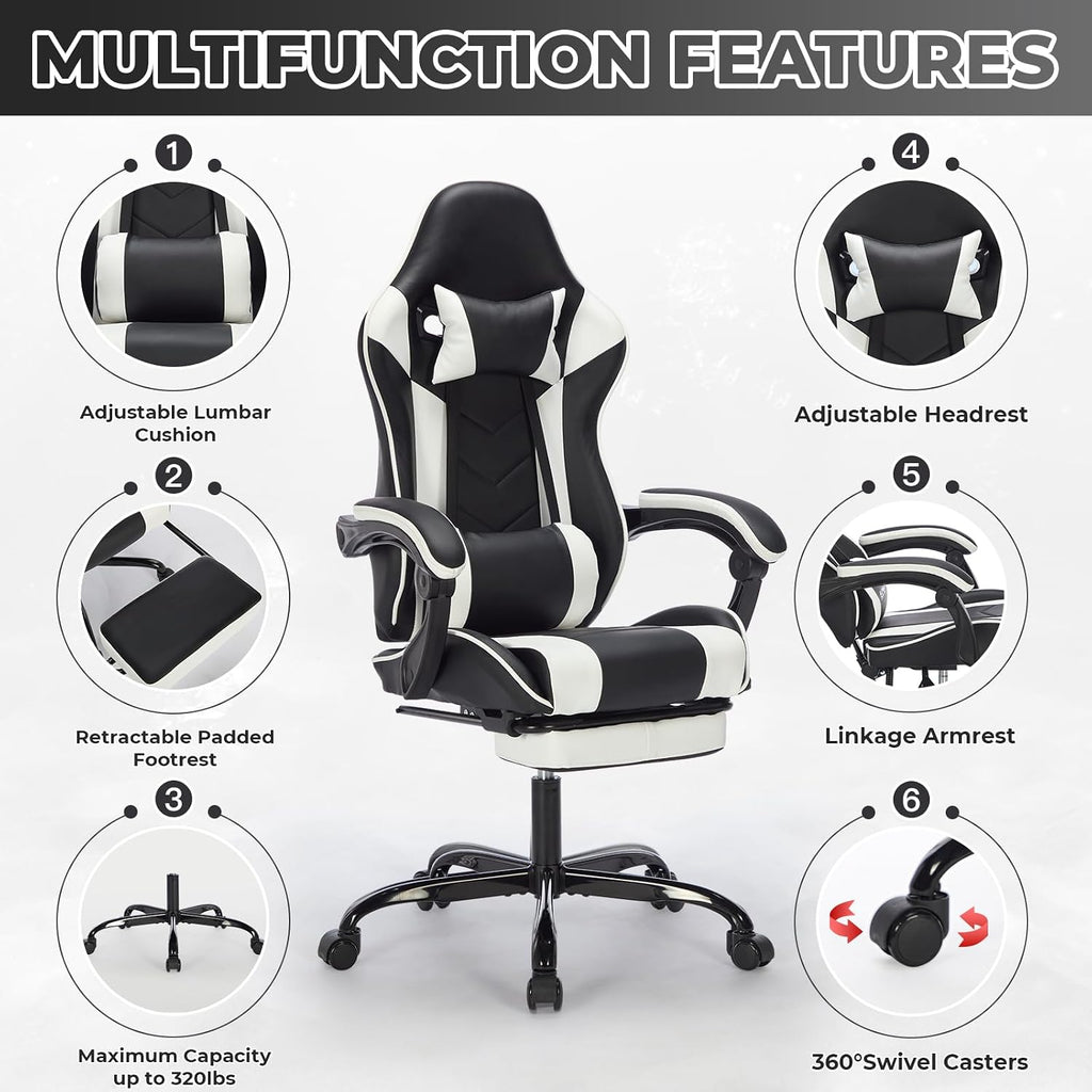 Gaming Chair with Footrest, Ergonomic Computer Chair with Headrest and Lumbar Support, Breathable Material Height Adjustable Video Game Chairs for Adults, Black White