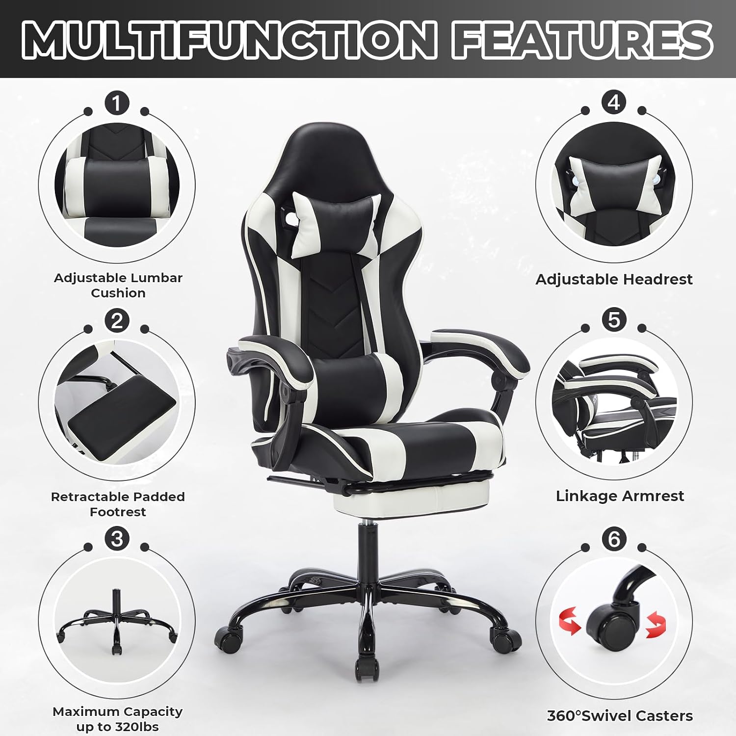 Gaming Chair with Footrest, Ergonomic Computer Chair with Headrest and Lumbar Support, Breathable Material Height Adjustable Video Game Chairs for Adults, Black White