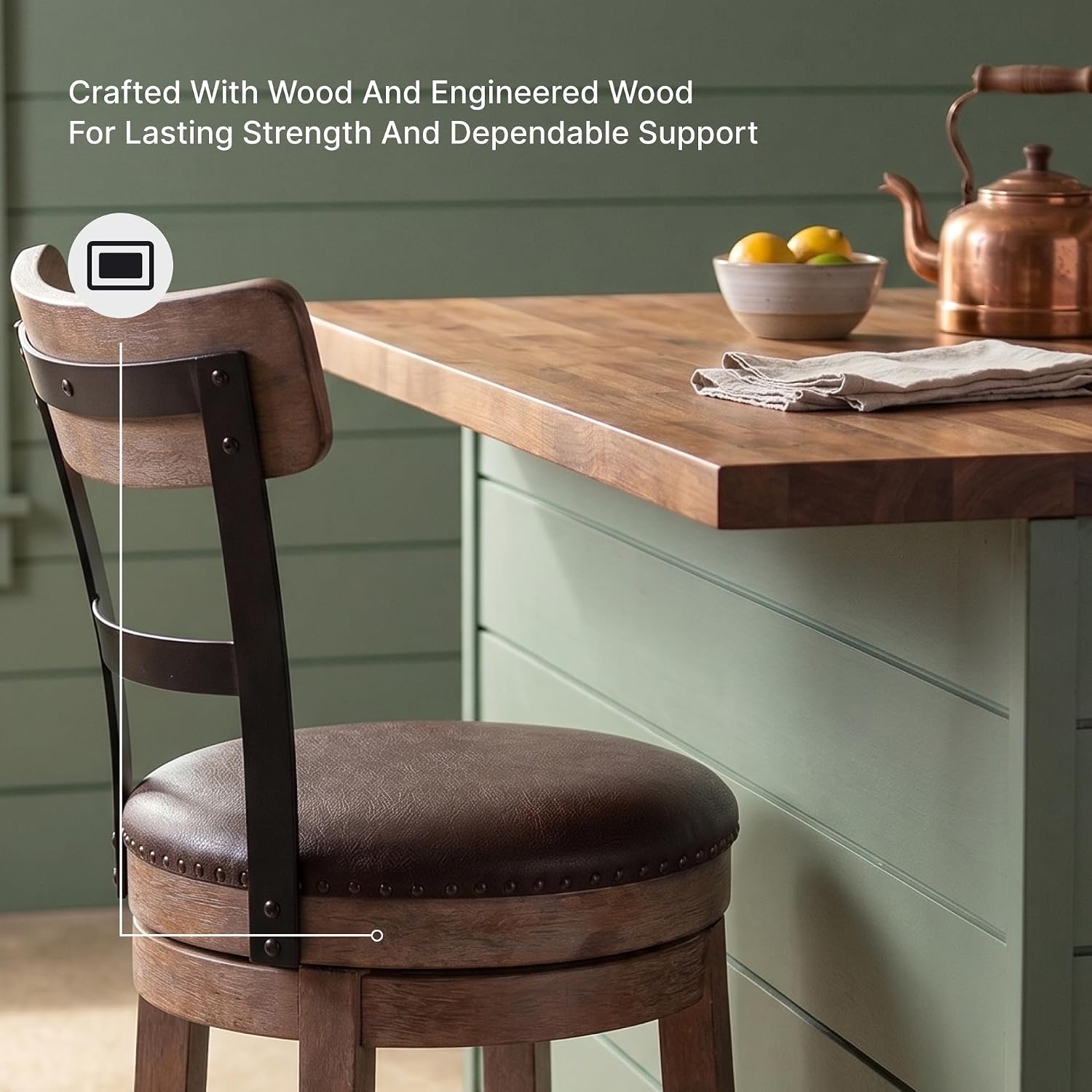 Signature Design by Ashley Pinnadel Bar Stool, Swivel Counter Height Stool Chair With Faux Leather Seat, Wood and Metal Frame for Kitchen Island With Seating, Light Brown